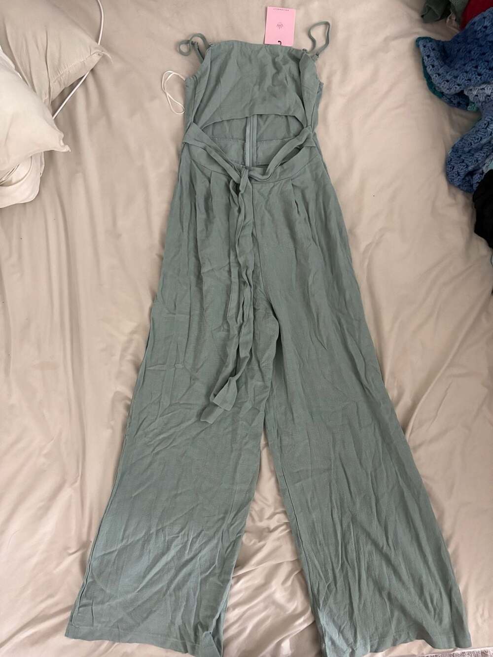 Hello Molly Sage Green Wide-Leg Tie-Waist Cut-Out Jumpsuit